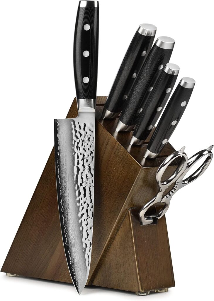 Enso Knife Set - Made in Japan - HD Series - VG10 Hammered Damascus Japanese Stainless Steel with Slim Dark Ash Knife Block - 7 Piece