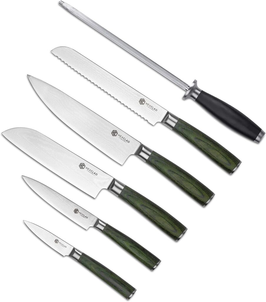 HexClad Cookware 6 Piece Essential Knives Set, Damascus Stainless Steel Blades with Full Tang Pakkawood Handles