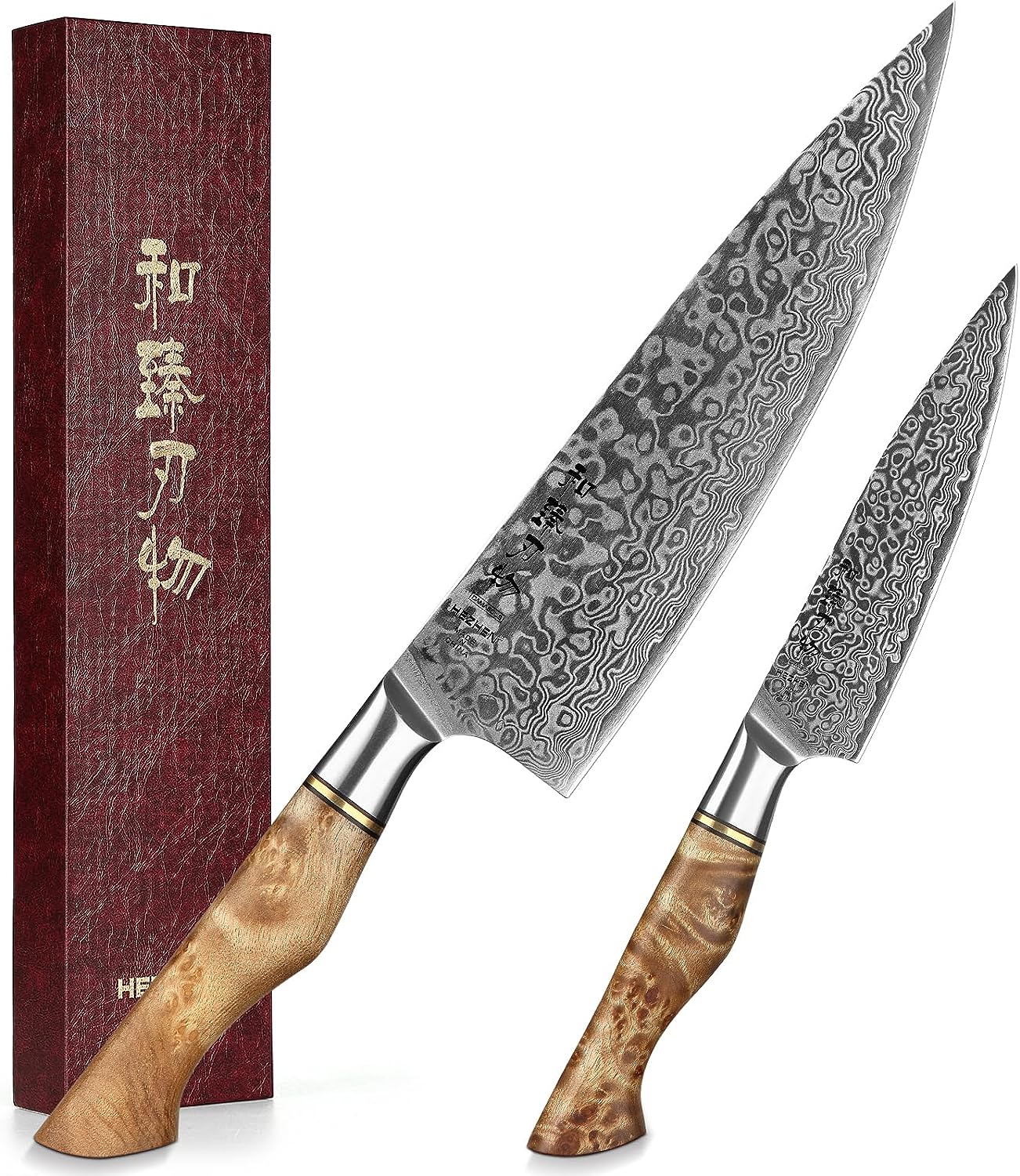 HEZHEN-67 LAYES Damascus Steel Kitchen Knife Set 2PCS,8.3 Chef knife 5 Utility Knife Figured Sycamore Wood Handle with Gift Box