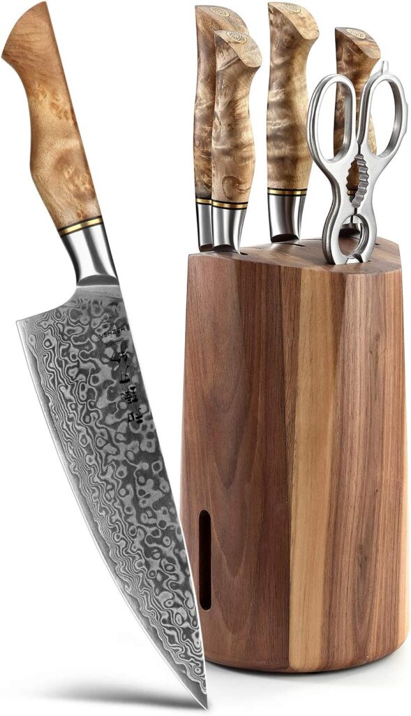 HEZHEN 7PCS Kitchen Knives Set Professional Forging Damascus High Carbon Steel Chef Knife Santoku Bread Knife Utility Knife Fruit Knife 3cr14 Multifunctional Kitchen Scissors 6Slot Black Walnut Block