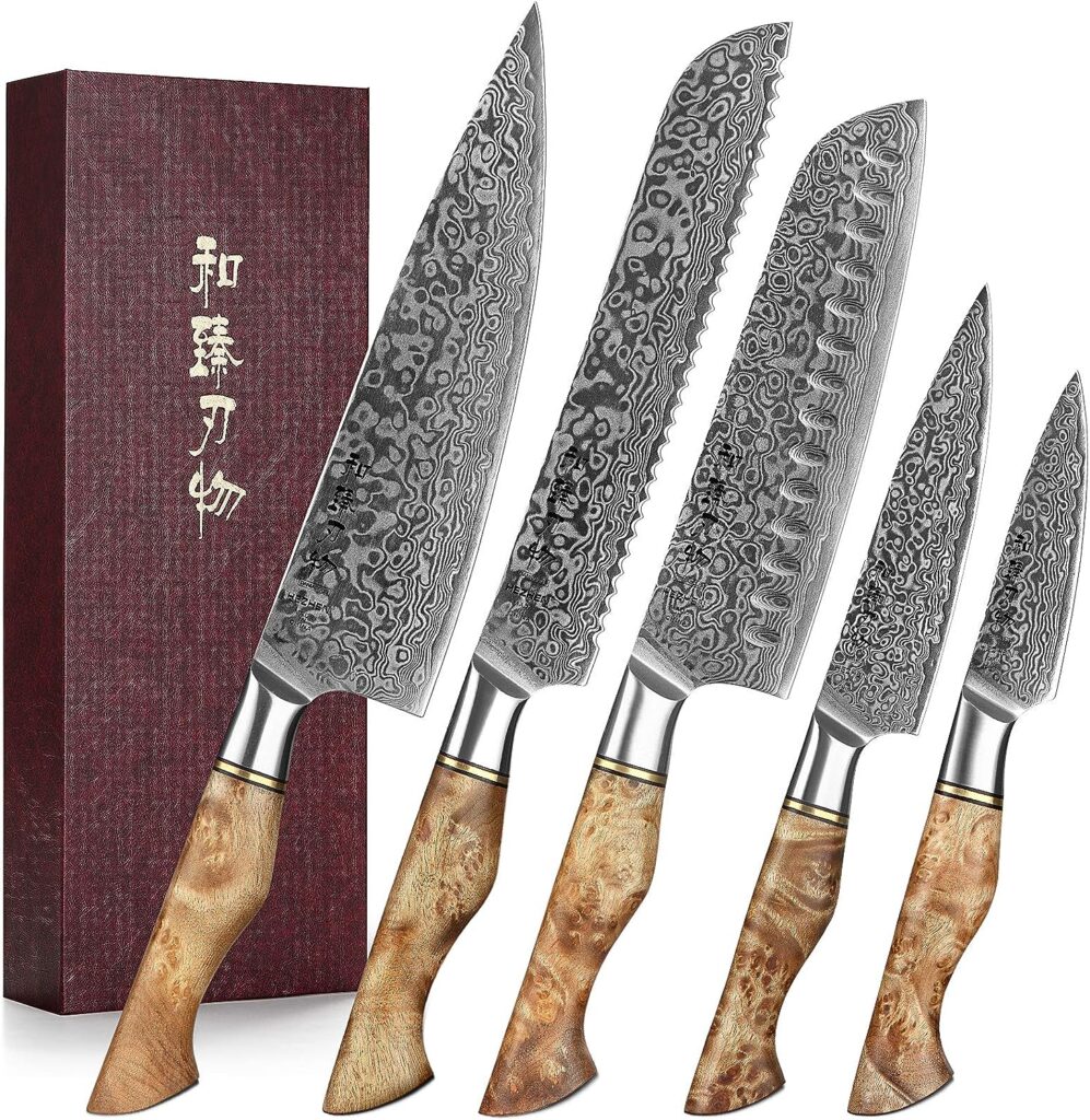 HEZHEN Damascus Kitchen Knives Set, Damascus Steel Japanese Style Chef Knife Utility Knife Santoku Knife,Figured Sycamore Wood Handle