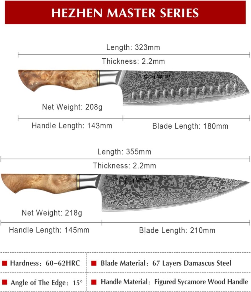 HEZHEN Damascus Kitchen Knives Set, Damascus Steel Japanese Style Chef Knife Utility Knife Santoku Knife,Figured Sycamore Wood Handle