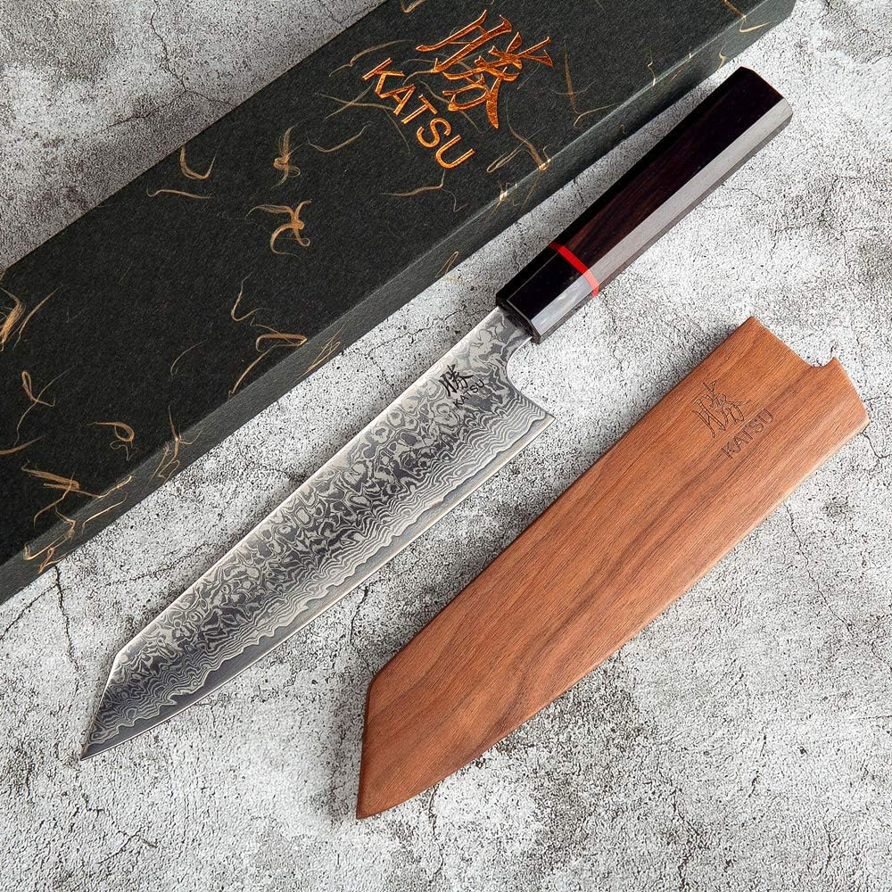 KATSU Kiritsuke Chef Knife - Damascus - Japanese Kitchen Knife - 8-inch - Handcrafted Octagonal Handle - Wood Sheath  Gift Box (Kritsuke Knife)
