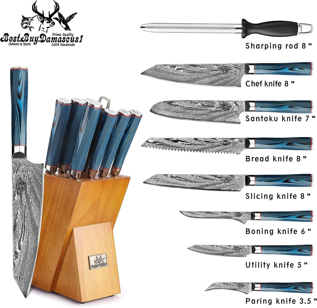 Knife Block Set 9 Pcs Japanese Aus-10 Damascus Steel Chef Knives Set High Carbon Core Stainless Steel Full Tang Chef Knife Set Blue G10 Home Kitchen Professional Knife Block Sets (Blue Round Handel)
