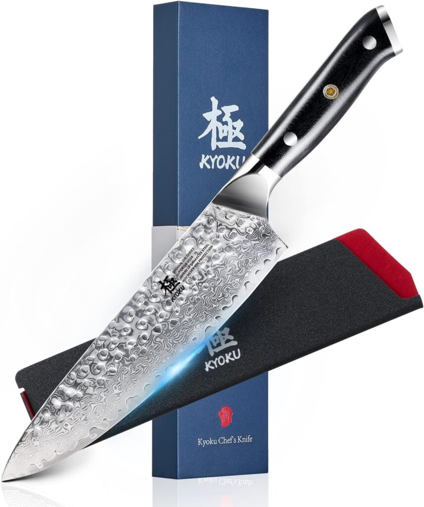 KYOKU Gin Series Chef Knife, 8 All Purpose Kitchen Knife, Japanese VG10 Damascus Stainless Steel Knife with Silver Ion Blade G10 Handle Mosaic Pin, Professional Knife for Meat Fruit Vegetables
