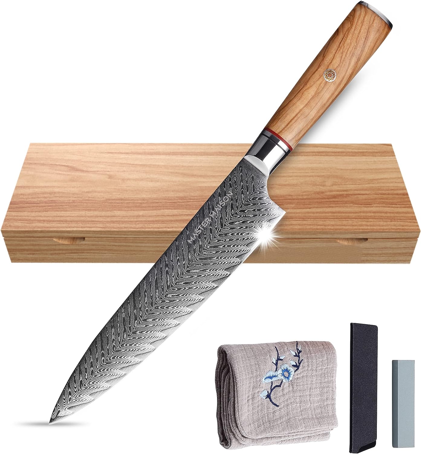 Master Maison Authentic 8 Damascus Steel Chef Knife With Full-Tang Wood Handle, Sheath, Sharpening Stone, Storage Box,  Drying Cloth | AUS-10 Japanese Ultra Sharp Stainless Steel Chefs Knife Set