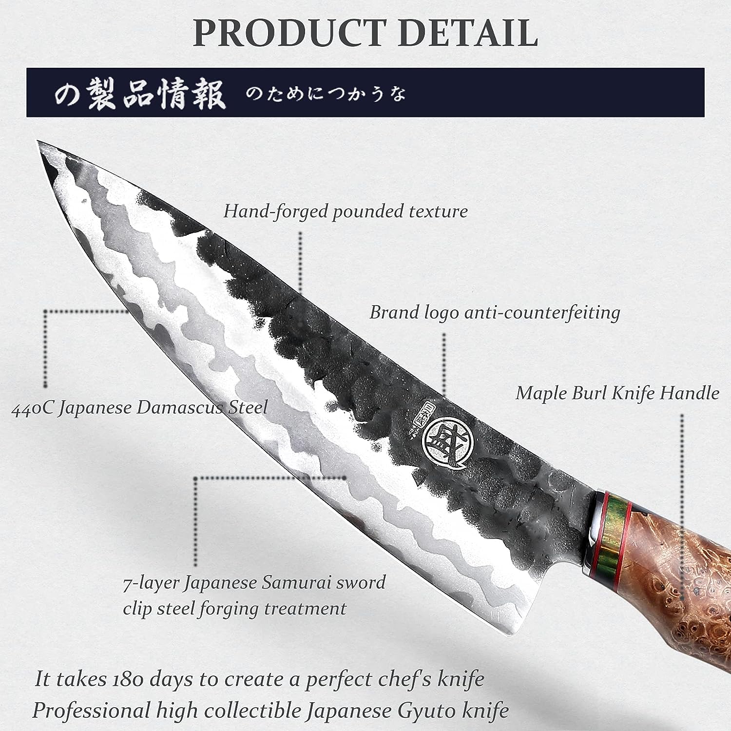 MITSUMOTO SAKARI 8 inch Hand-Forged Japanese Gyuto Chef Knife, Professional 440C Damascus Kitchen Knife, Advanced Art Forging Meat Cleaver Chefs Knives (MapleWood Handle  Gift Box)