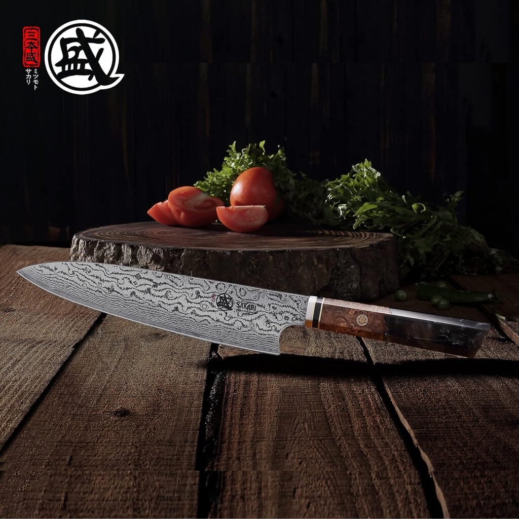 MITSUMOTO SAKARI 8 inch Japanese Gyuto Chef Knife, Professional Hand Forged Japanese Meat Knife, AUS-10 Premium Damascus Steel Kitchen Cooking Knife (Shadowwood Pomegranate Handle  Gift Box)