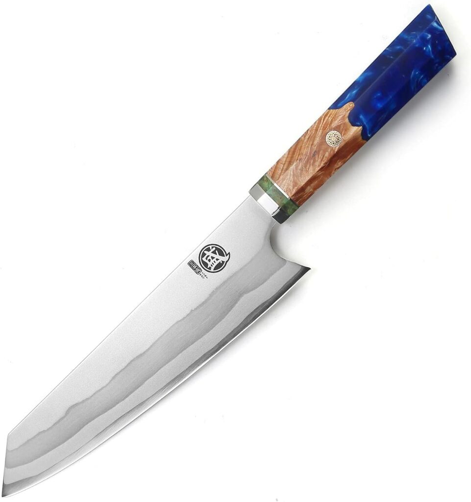 MITSUMOTO SAKARI 8 inch Japanese Kiritsuke Chef Knife, Hand Forged 67 Layers 440C Damascus Steel Kitchen Knives, Professional Meat Sushi Chefs Knife (Blue Pomegranate Handle  Gift Box)