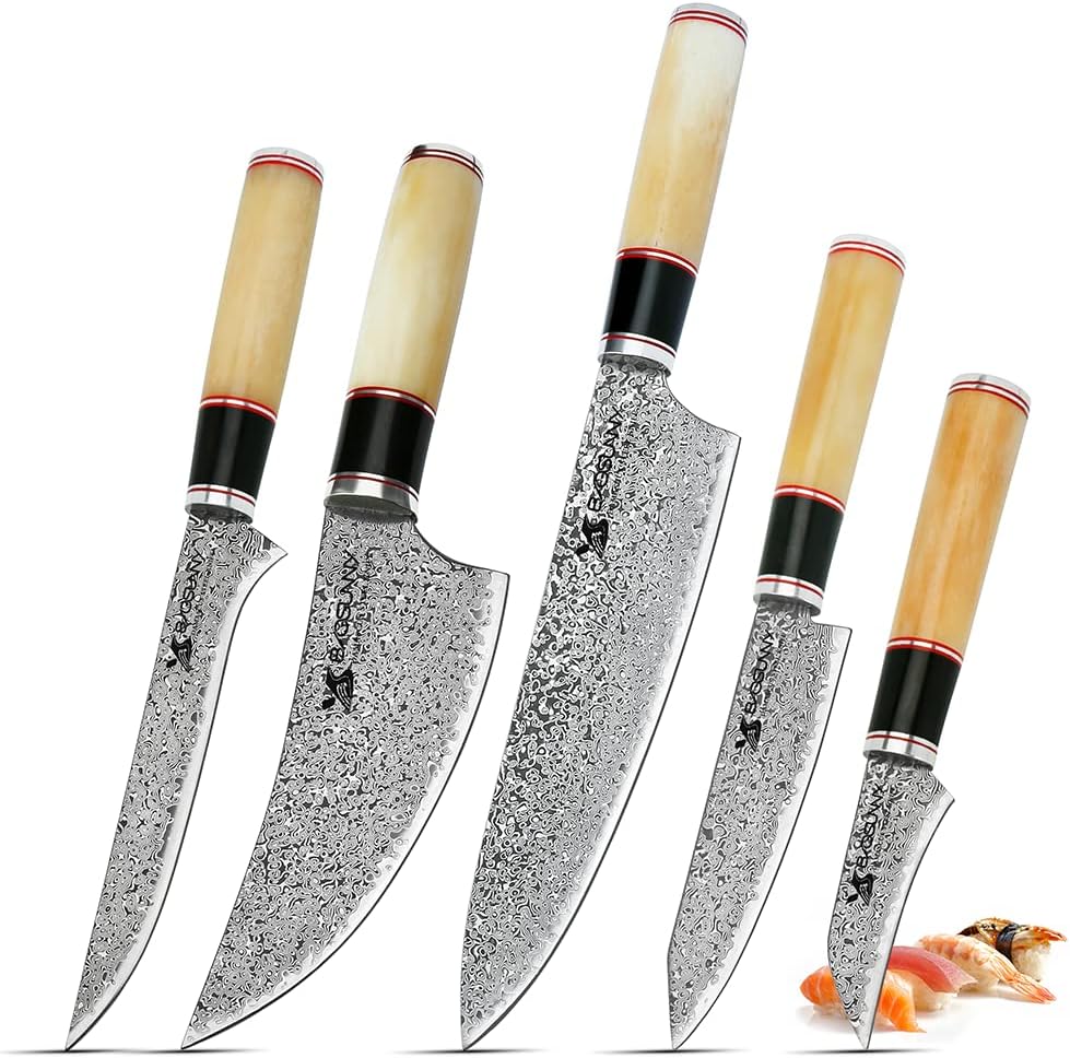 MSY BIGSUNNY Knife Set, 5 - pieces, 67 Layers Damascus Steel Kitchen Chef Knife Set Butcher Knife Set with Camel Bone Handle (5pcs Knife Set)