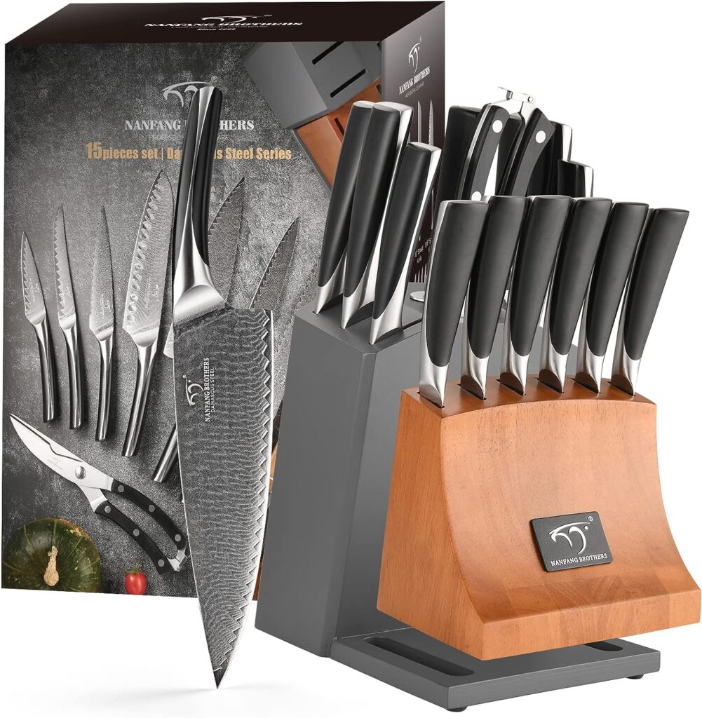 NANFANG BROTHERS Knife Set, 15-Piece Damascus Kitchen Knife Set with Block, ABS Ergonomic Handle for Chef Knife Set, Carving Fork, Disconnect-type Knife Block Set