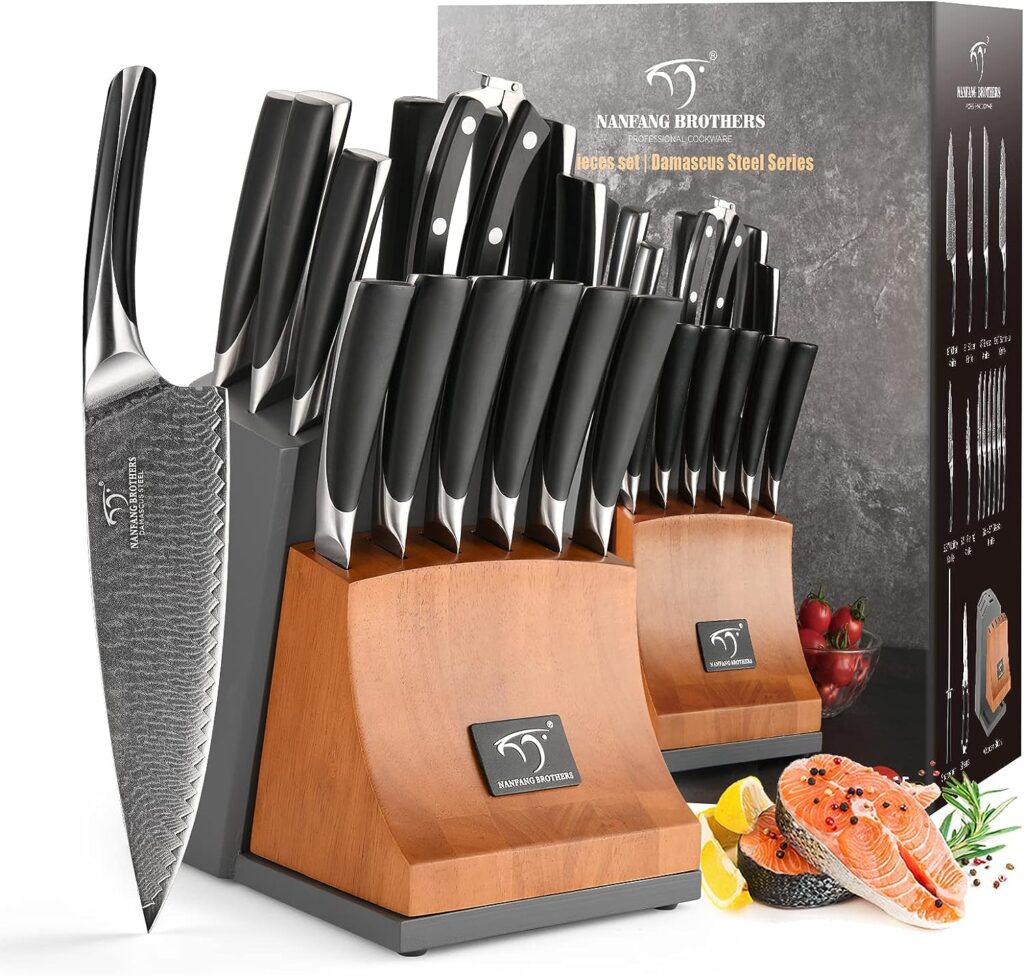 NANFANG BROTHERS Knife Set, 15-Piece Damascus Kitchen Knife Set with Block, ABS Ergonomic Handle for Chef Knife Set, Carving Fork, Disconnect-type Knife Block Set