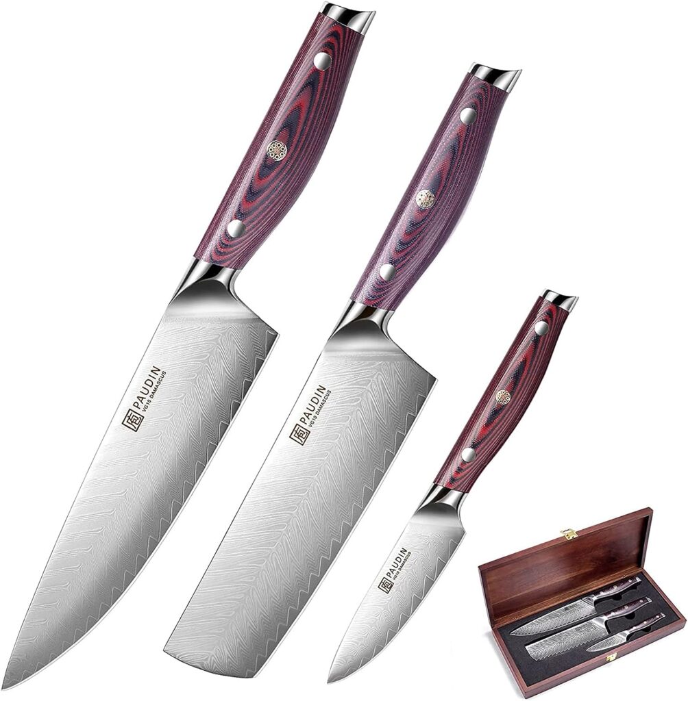 PAUDIN 3-Piece Damascus knife set, Razor Sharp Forging Kitchen Knife Set with 67-layers Damascus steel, Full Tang Ergonomic G10 Handle