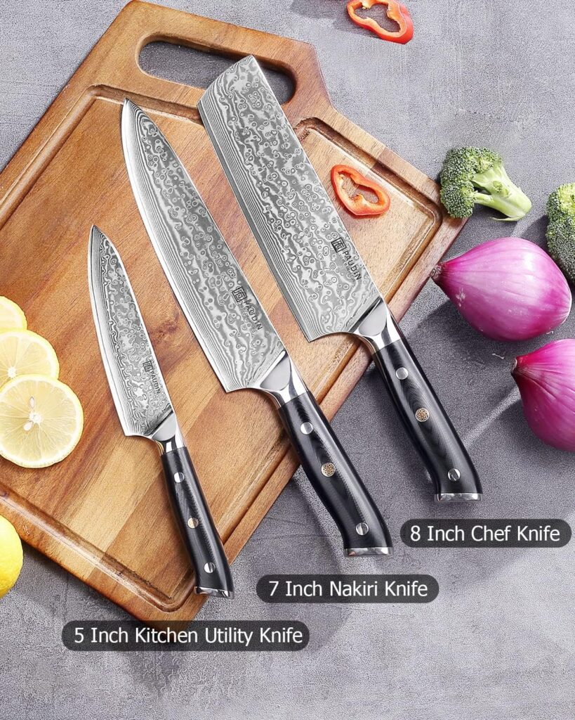 PAUDIN Knife Set, Professional Knives Set for Kitchen, Stainless Steel, Ultra Sharp, Damascus Kitchen Knives, Full Tang Handle, Chef Knife Set with Gift Box