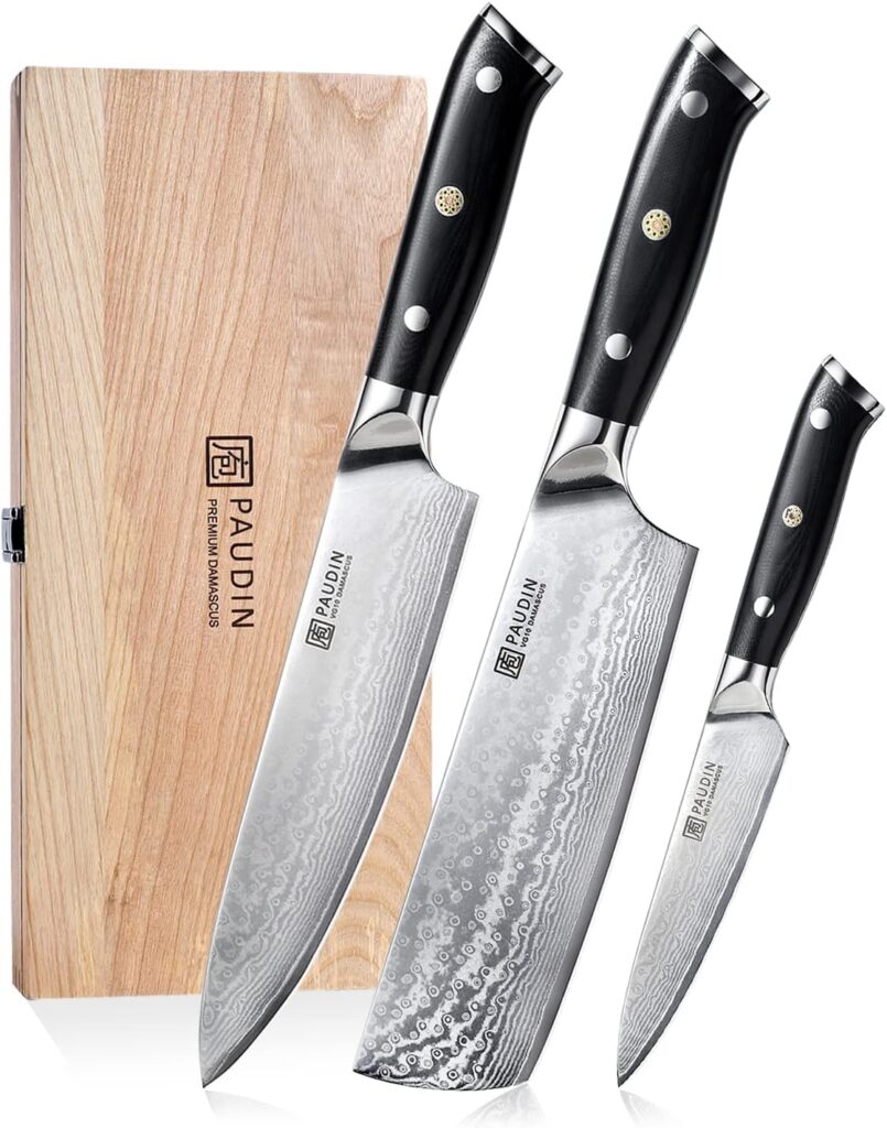 PAUDIN Knife Set, Professional Knives Set for Kitchen, Stainless Steel, Ultra Sharp, Damascus Kitchen Knives, Full Tang Handle, Chef Knife Set with Gift Box