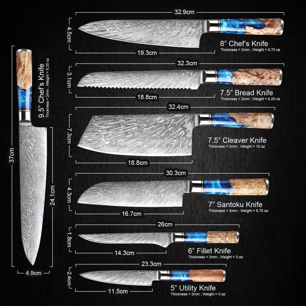 SENKEN 7-Piece Damascus Kitchen Knife Set - Tsunami Collection - 67-Layer Japanese VG10 Steel - Chefs Knife, Cleaver Knife, Bread Knife, Santoku Knife, Boning Knife,  More, Luxury Gift Box