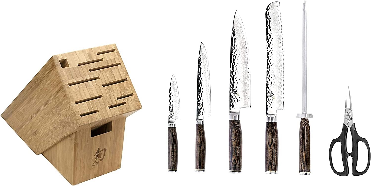 Shun Cutlery Premier 7-Piece Essential Block Set, Kitchen Knife and Knife Block Set, Includes 8” Chefs Knife, 4” Paring Knife, 6.5” Utility Knife,  More, Handcrafted Japanese Kitchen Knives