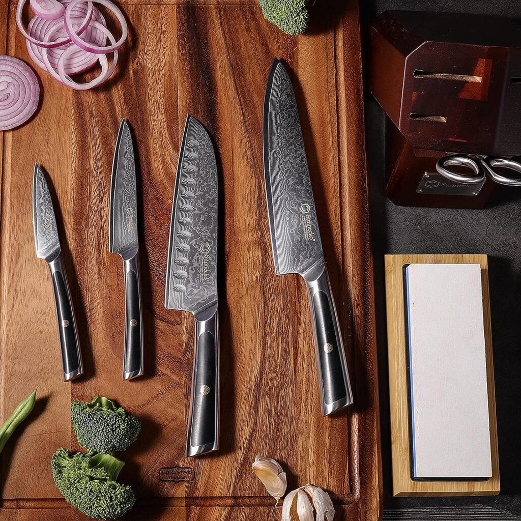 Sunnecko Knife Sets for Kitchen with Block,7 PCS Damascus Kitchen Knife Set,67-Layer Japanese VG10 High Carbon Stainless Steel Blade,Full Tang Forged,Ergonomic Handle,WhetstoneScissors Include