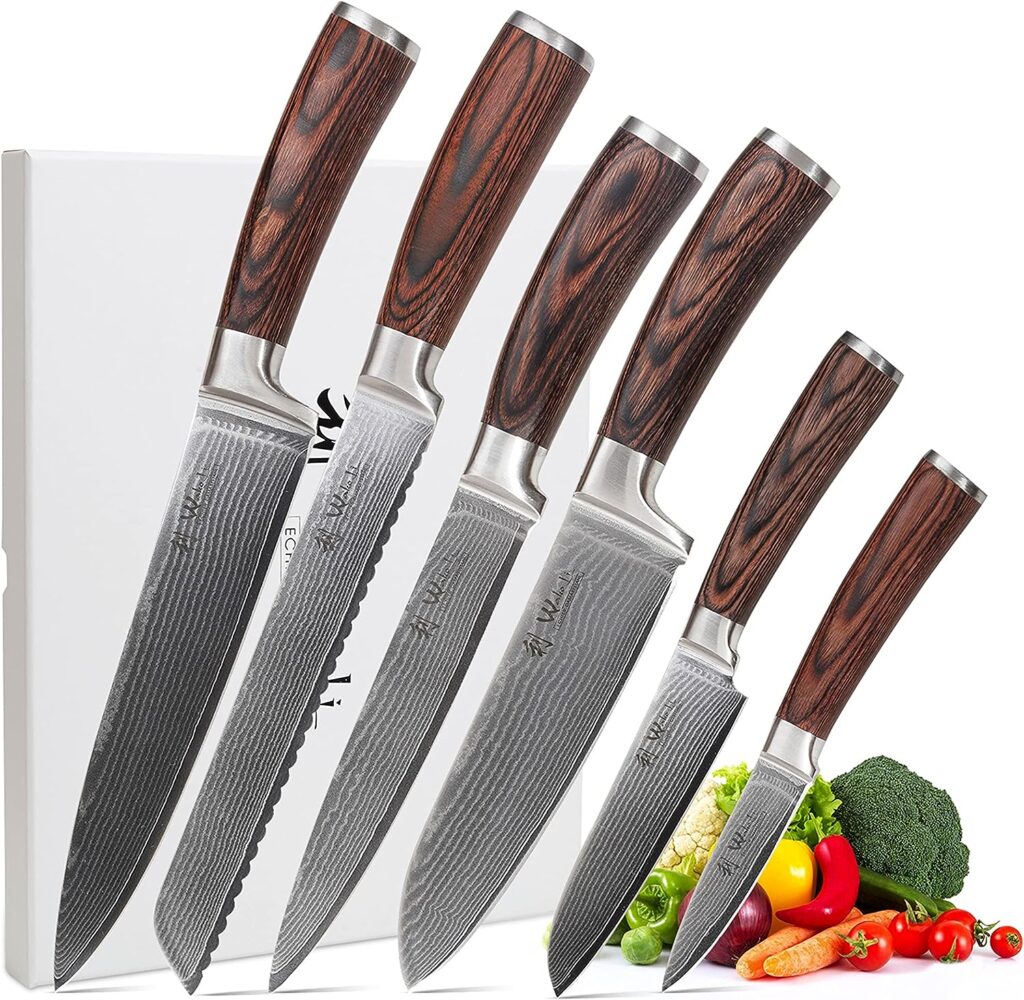 Wakoli EDIB 6-pcs Damascus Knife Set I Professional Kitchen Knives made of Japanese Damascus Steel VG10 Chef Knife Set with Pakka Wood Handle in Gift Box