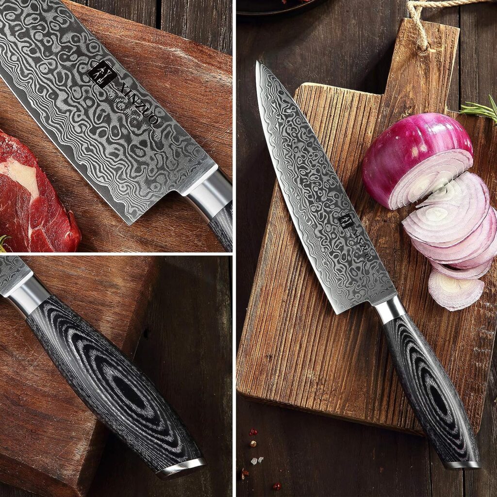 XINZUO 7PC Damascus steel Knife Block Sets, Professional High Carbon Steel Chef Knife Santoku Slicing Utility Fruit Knife with Multifunctional Kitchen Shears,Ergonomic Pakkawood Handle - Ya Series