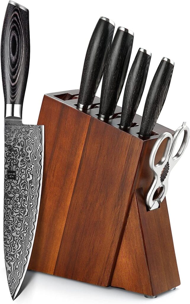 XINZUO 7PC Damascus steel Knife Block Sets, Professional High Carbon Steel Chef Knife Santoku Slicing Utility Fruit Knife with Multifunctional Kitchen Shears,Ergonomic Pakkawood Handle - Ya Series
