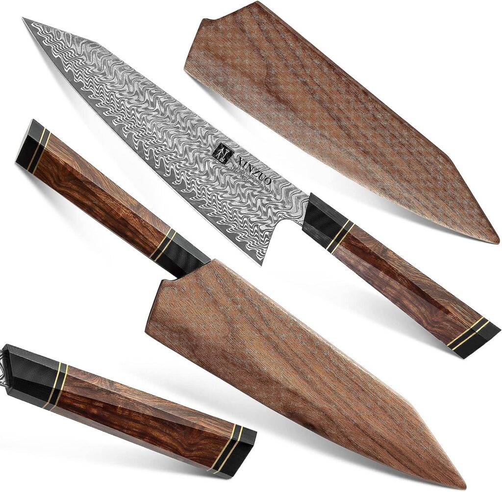 XINZUO 8.5 inch Chef Knife Damascus Steel Hand Forged Kiritsuke Kitchen Knife, Professional Gyuto Knife-Desert Ironwood Handle with Black Walnut Wooden Sheath and Acacia Wooden Box