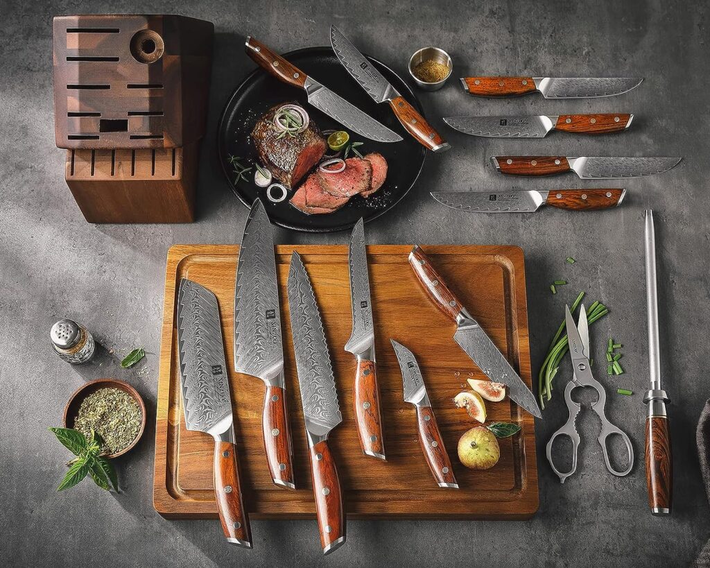 XINZUO Damascus 15-pc Kitchen Knife Set with Acacia Wood Knife Block, 67 Layers Damascus Steel Sharp Professional Cooking Knife Set -Multifunctional Kitchen Shears and Honing Steel -Rosewood Handle