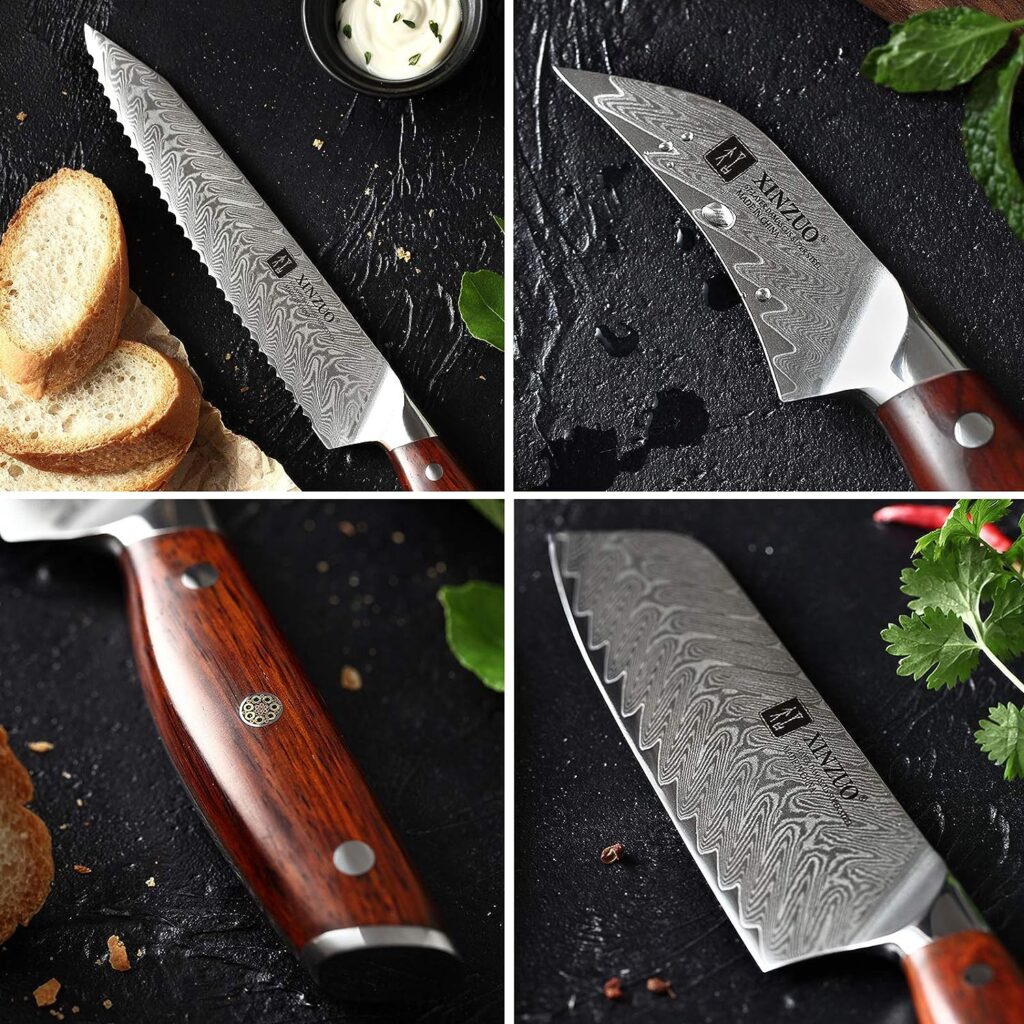 XINZUO Damascus 5Pcs Kitchen Knife Set, Professional Sharp Kitchen Cooking Knife VG10 Damascus Steel Chef Knife Santoku Bread Utility Fruit Knife with Ergonomic Rosewood Handle - Yi Series