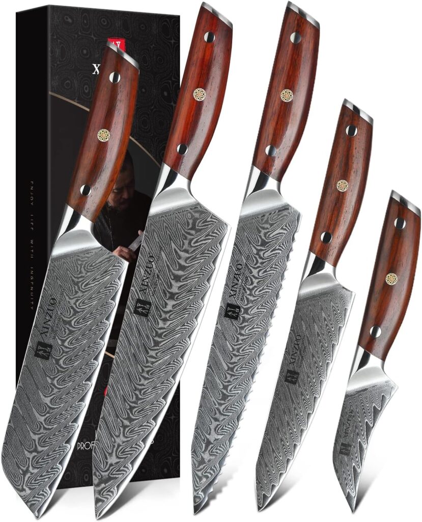 XINZUO Damascus 5Pcs Kitchen Knife Set, Professional Sharp Kitchen Cooking Knife VG10 Damascus Steel Chef Knife Santoku Bread Utility Fruit Knife with Ergonomic Rosewood Handle - Yi Series
