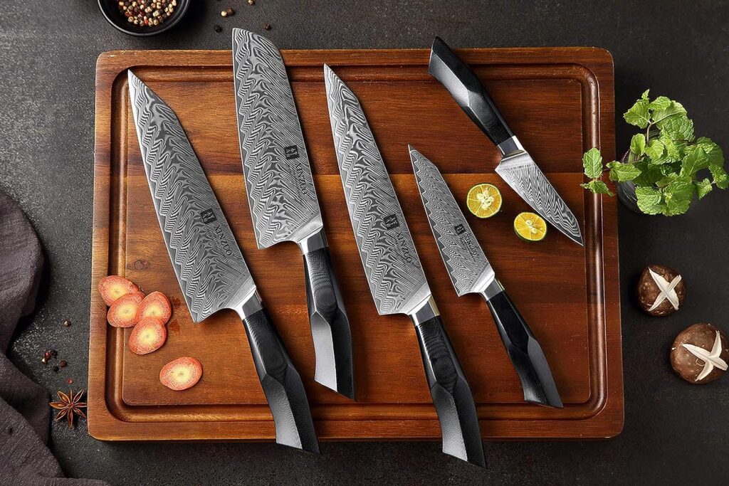 XINZUO Damascus Steel 5Pcs Kitchen Knife Set,Professional Japanese Style Knives,High Carbon Steel Sharp Chef Santoku Slicing Knife Utility Paring Knife,Military Grade G10 Handle-Feng Series