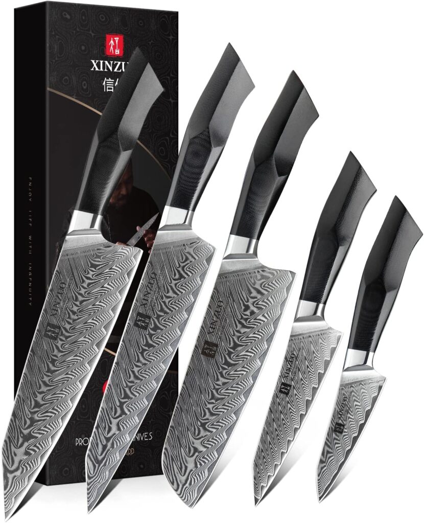 XINZUO Damascus Steel 5Pcs Kitchen Knife Set,Professional Japanese Style Knives,High Carbon Steel Sharp Chef Santoku Slicing Knife Utility Paring Knife,Military Grade G10 Handle-Feng Series