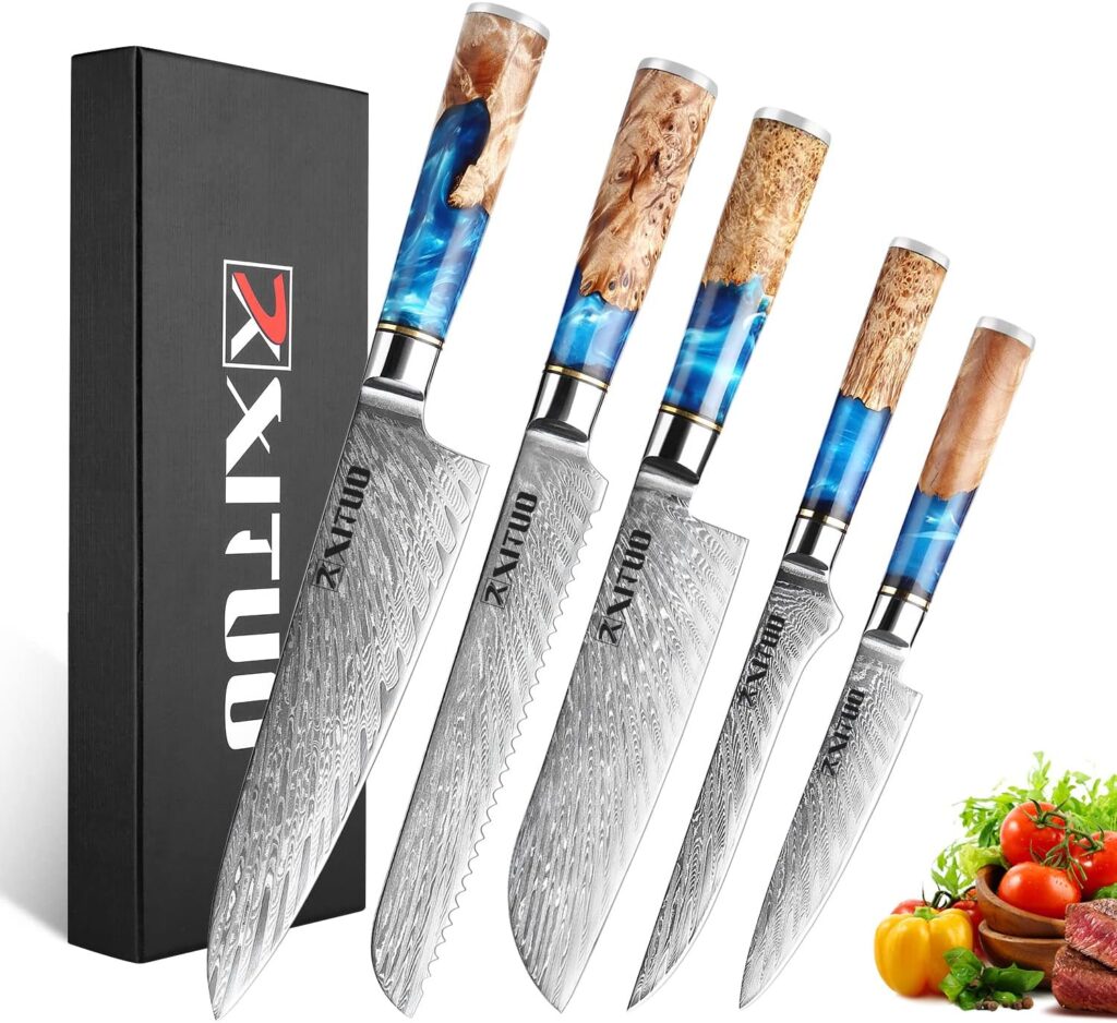 XT XITUO Damascus Steel Knife - 5 Piece Set - Tsunami Collection - 67-Layer Japanese VG10 Steel Core - Unique Blue Resin Wood Handle - Gift Box - w/knife Sheath