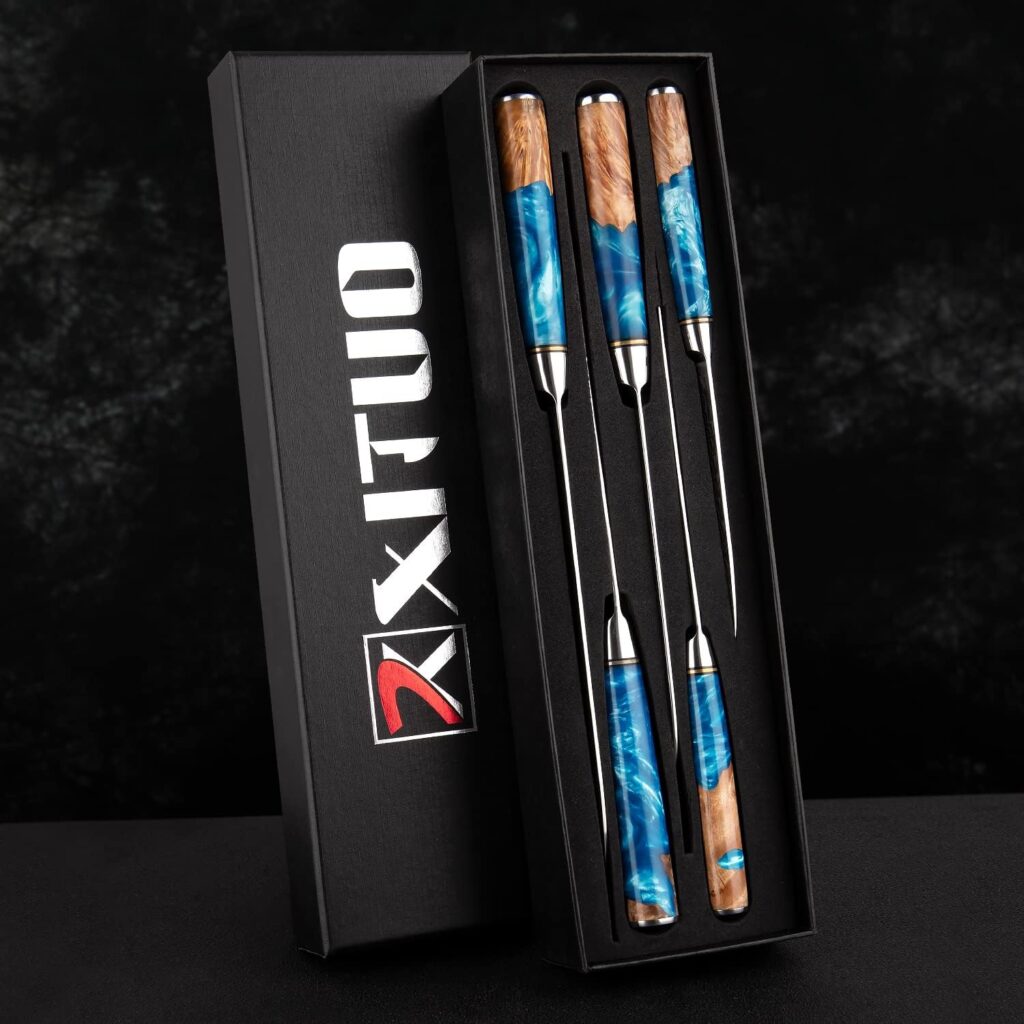 XT XITUO Damascus Steel Knife - 5 Piece Set - Tsunami Collection - 67-Layer Japanese VG10 Steel Core - Unique Blue Resin Wood Handle - Gift Box - w/knife Sheath