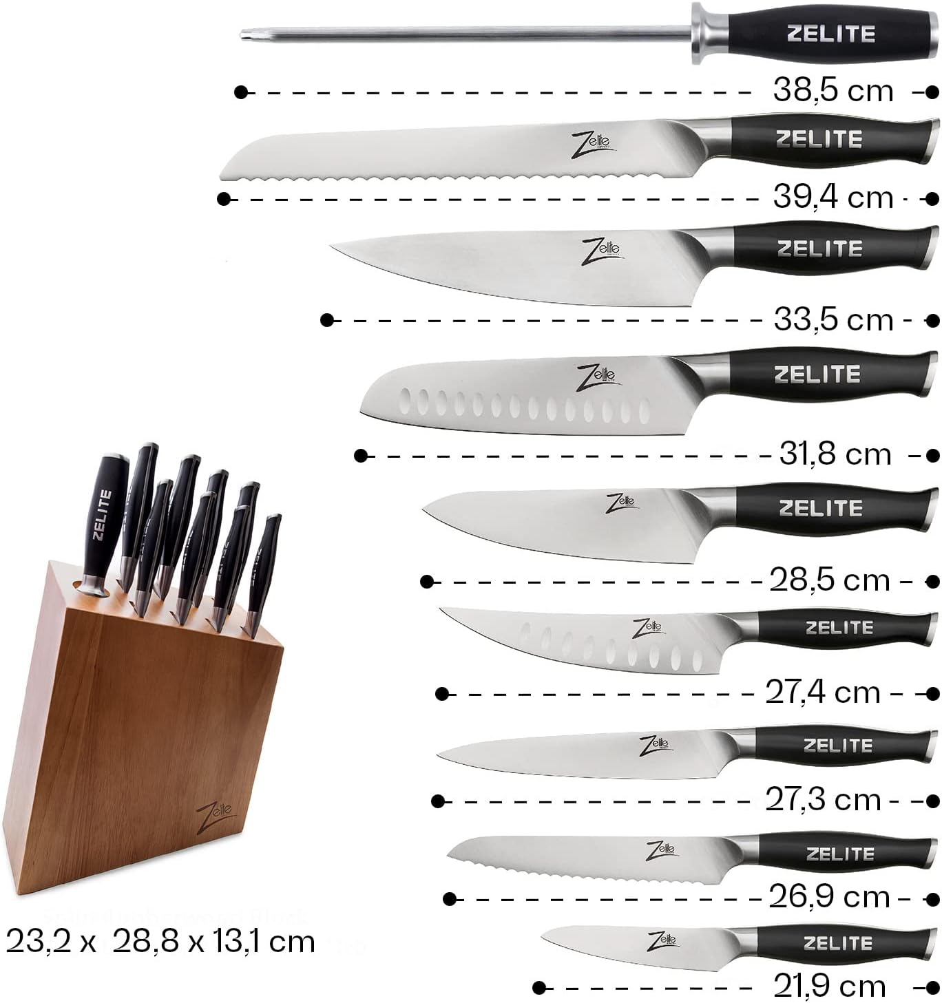 Zelite Infinity Knife Block Set (9-pc), Kitchen Knife Set, Knife Sets for Kitchen with Block - German Knife Set in High Carbon Stainless Steel - INCL. 8 Professional Knife Set  Honing Steel 10 Inch