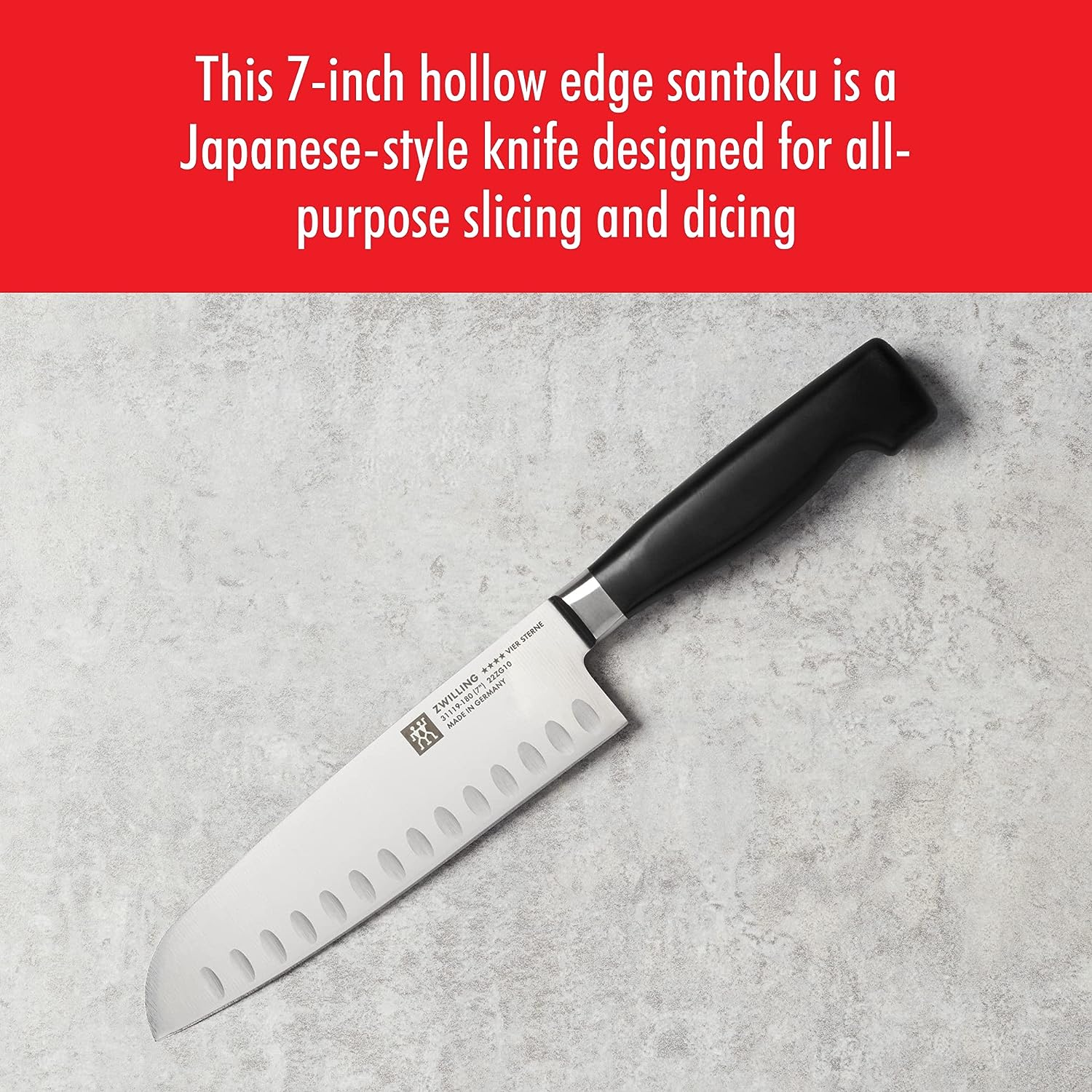 ZWILLING Four Star 7-inch Hollow Edge Santoku Knife, Black/Stainless Steel