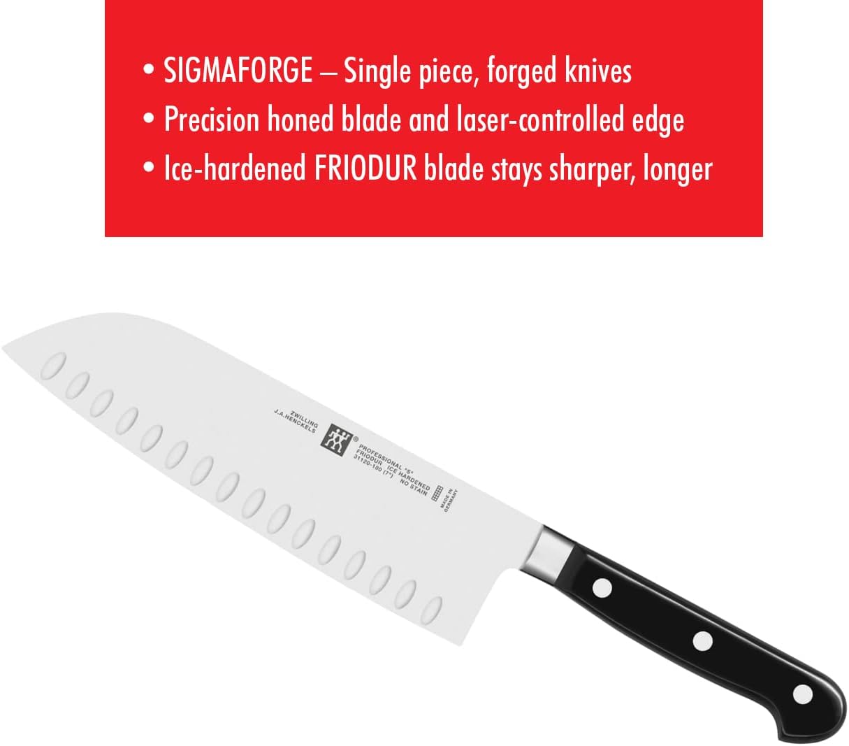 ZWILLING Professional S 7-inch Razor-Sharp German Hollow Edge Santoku Knife, Made in Company-Owned German Factory with Special Formula Steel perfected for almost 300 Years, Dishwasher Safe