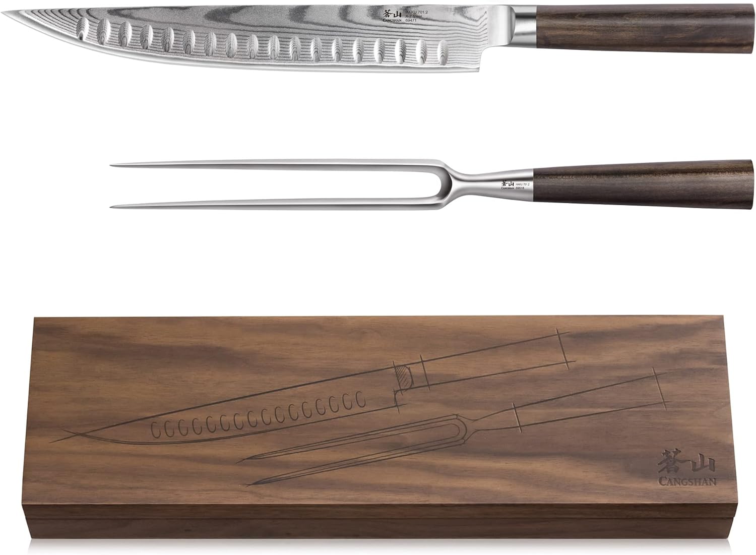 Cangshan HAKU Series 501158 X-7 Damascus Steel Forged 2-Piece Carving Set with Walnut Box