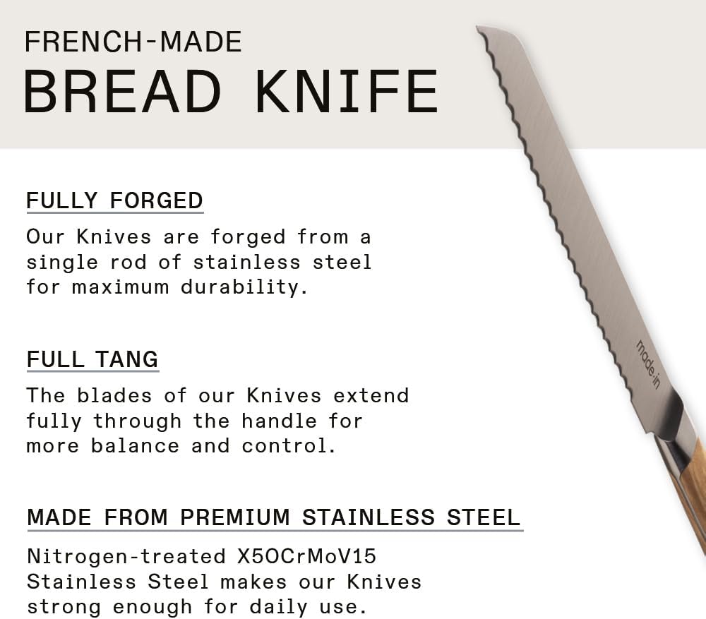 Made In Cookware - 9 Inch Bread Knife France - Full Tang With Olive Wood Handle