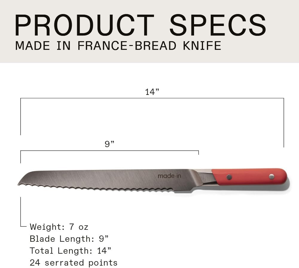 Made In Cookware - 9 Inch Bread Knife France - Full Tang With Pomme Red Handle
