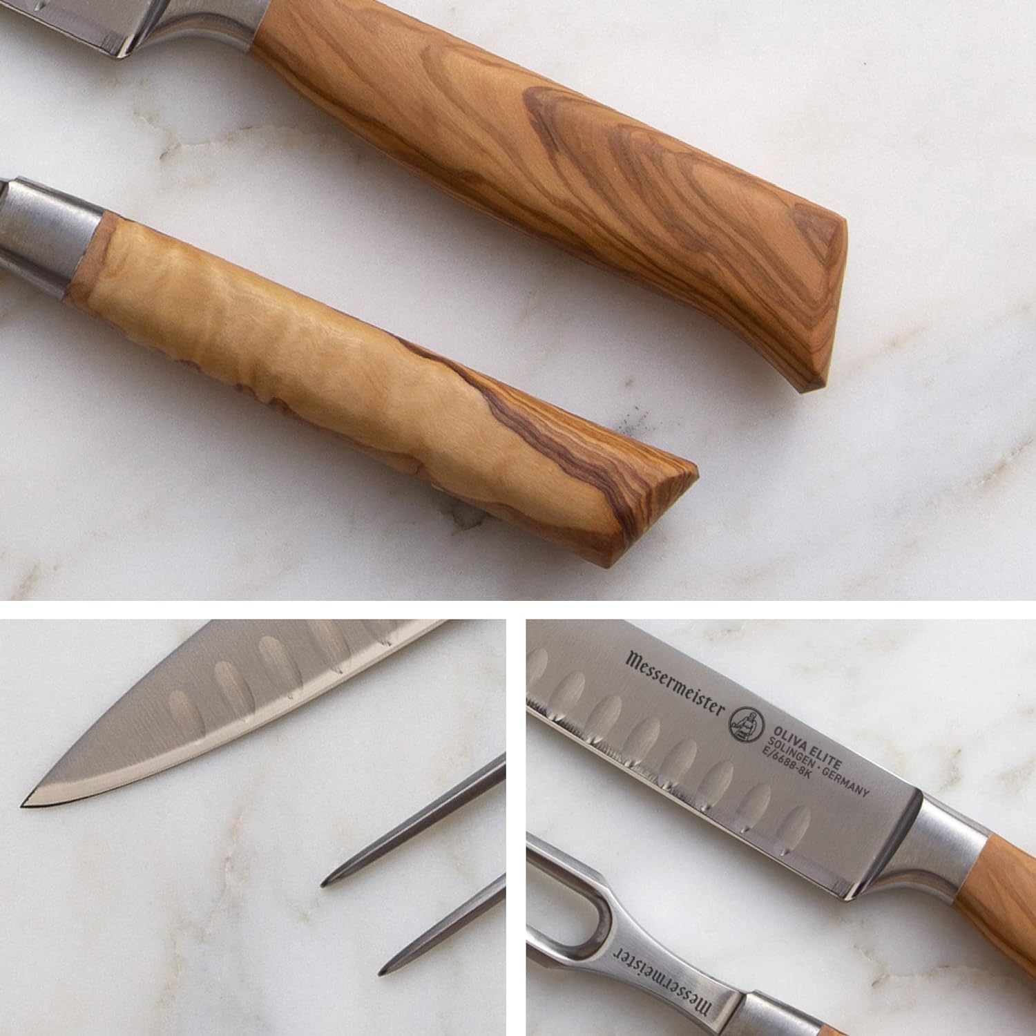 Messermeister Oliva Elite Kullenschliff Carving Knife Set - Includes 8” Kullenschliff Carving Knife  6” Straight Carving Fork - German Steel Alloy Blade  Mediterranean Wood Handle