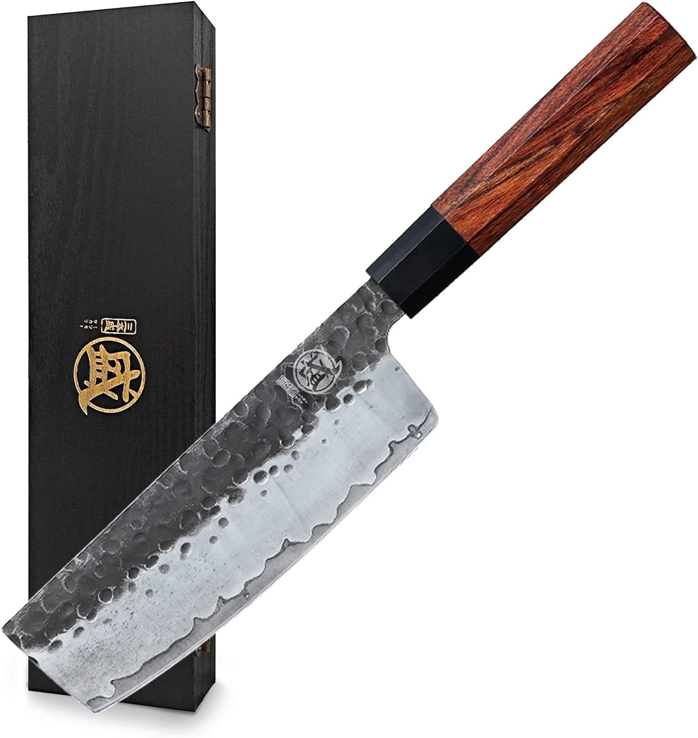 MITSUMOTO SAKARI 7 inch Japanese Nakiri Chef Knife, High Carbon Stainless Steel Vegetable Kitchen Knife, Hand Forged Professional Multipurpose Asian Chef Knife (Rosewood Handle  Gift Box)