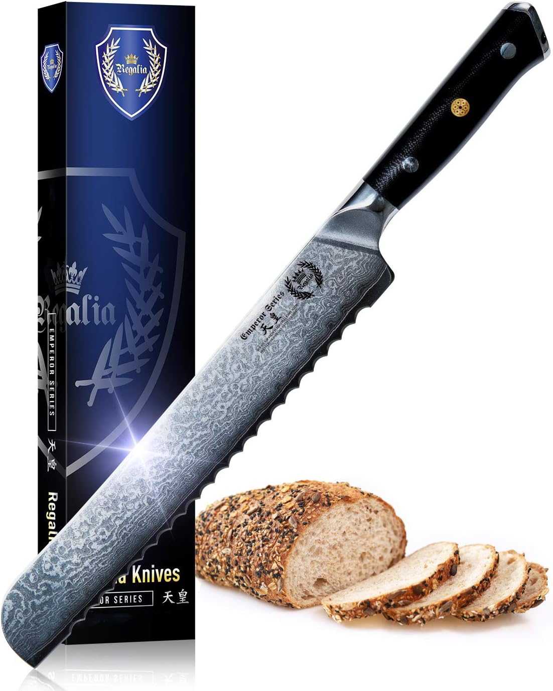 Regalia Bread Knife 10 inch: Professional Serrated Japanese AUS-10 67-Layer Damascus steel ultra sharp blade w/G-10 Ergonomic handle