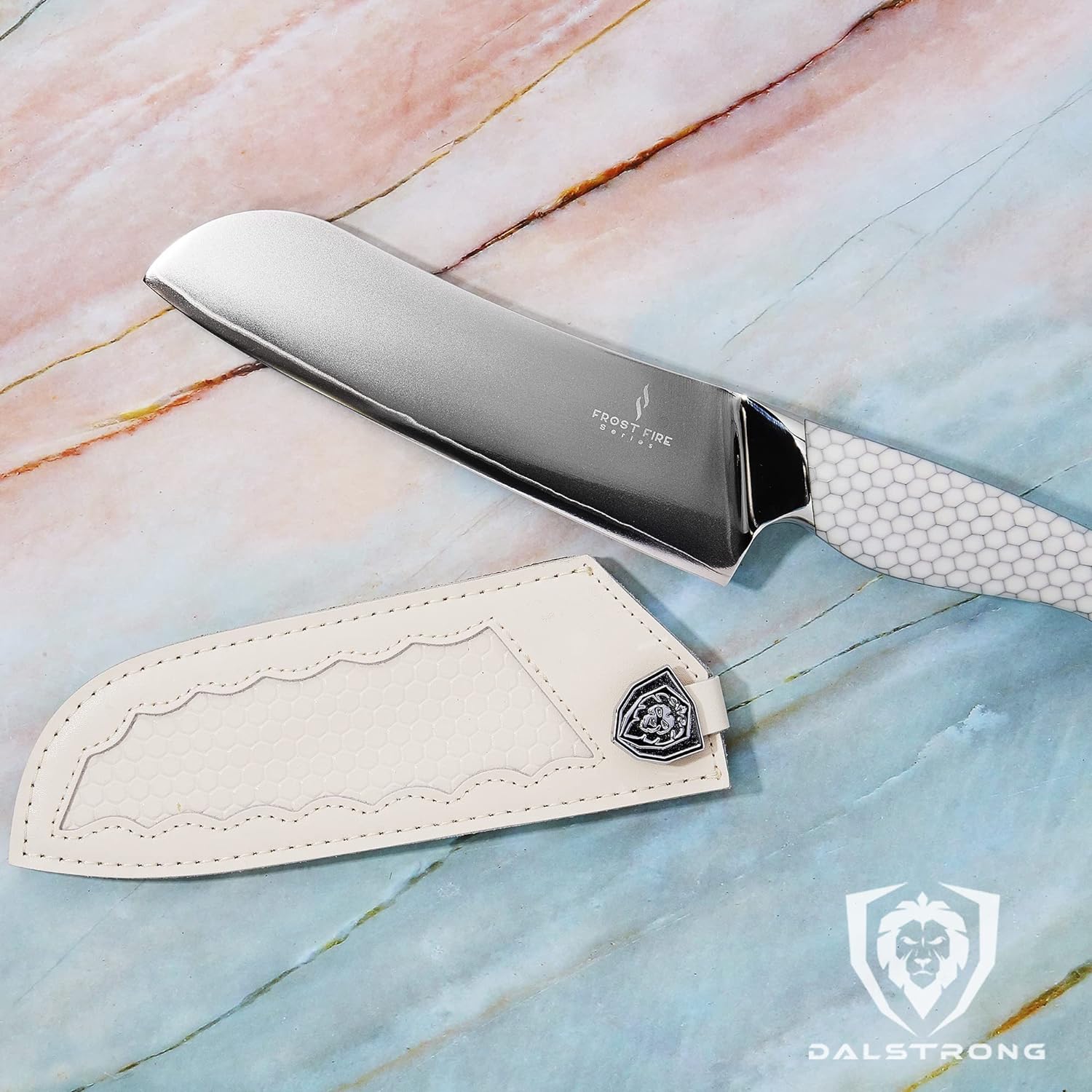 Dalstrong Nakiri Knife - 6.5 inch - Frost Fire Series - High Chromium 10CR15MOV Stainless Steel Vegetable Knife - Frosted Sandblast Finish - White Honeycomb Handle - Leather Sheath - NSF Certified