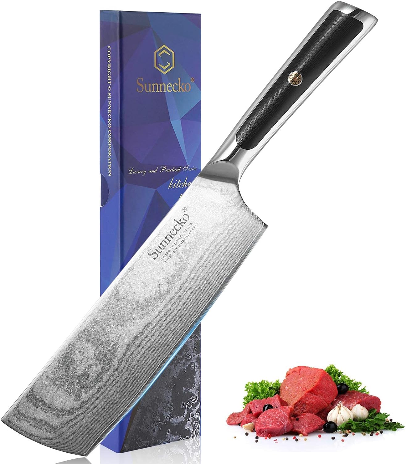 Sunnecko Nakiri Knife 7 inch, Small Cleaver Knife with Damascus Steel VG-10 Blade Professional Chef knife, Kitchen Knife with G10 Inlaid Handle Chopping Knife Perfect for Home Cooking with Gift Box