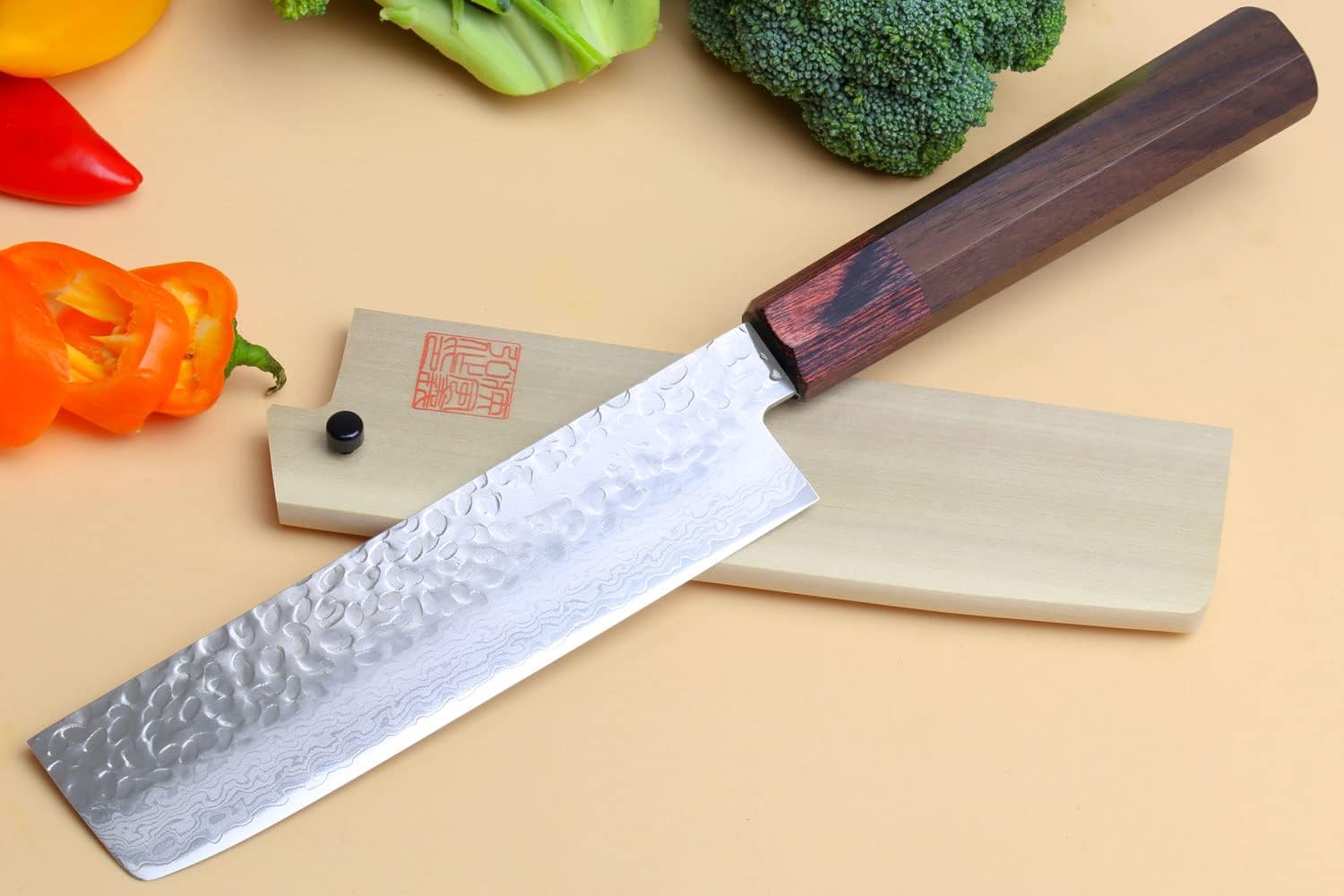 Yoshihiro VG-10 46 Layers Hammered Damascus Nakiri Japanese Vegetable Knife (6.5 (165mm) Rosewood Handle)
