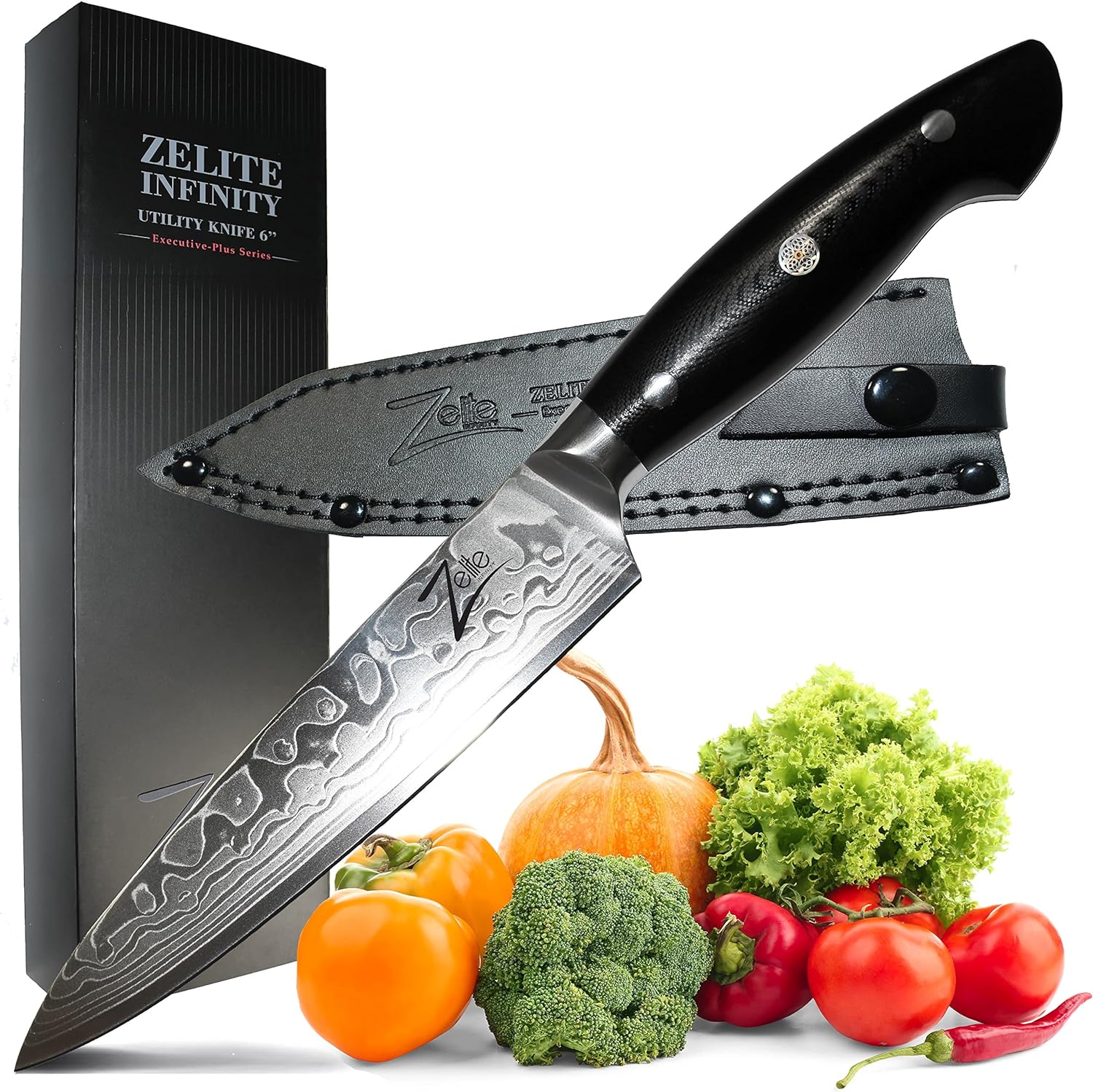 Zelite Infinity Utility Knife Kitchen, 6 Inch Chef Knife, Chopping Knife, Kitchen Utility Knife - Japanese AUS-10 Super Steel 45-Layer Damascus Knife - Razor Sharp Kitchen Knife - Leather Sheath