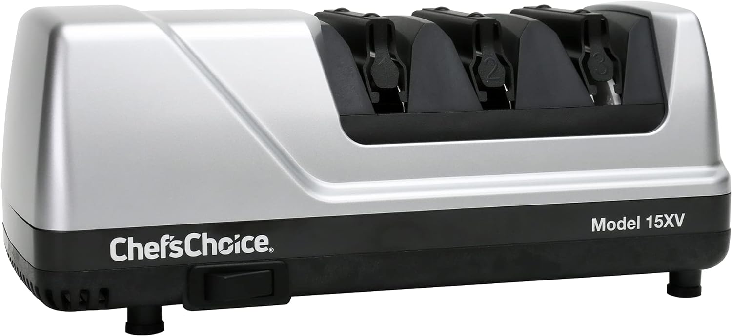 ChefsChoice 15XV EdgeSelect Professional Electric Knife Sharpener with 100-Percent Diamond Abrasives and Precision Angle Guides for Straight Edge and Serrated Knives, 3-Stage, Gray