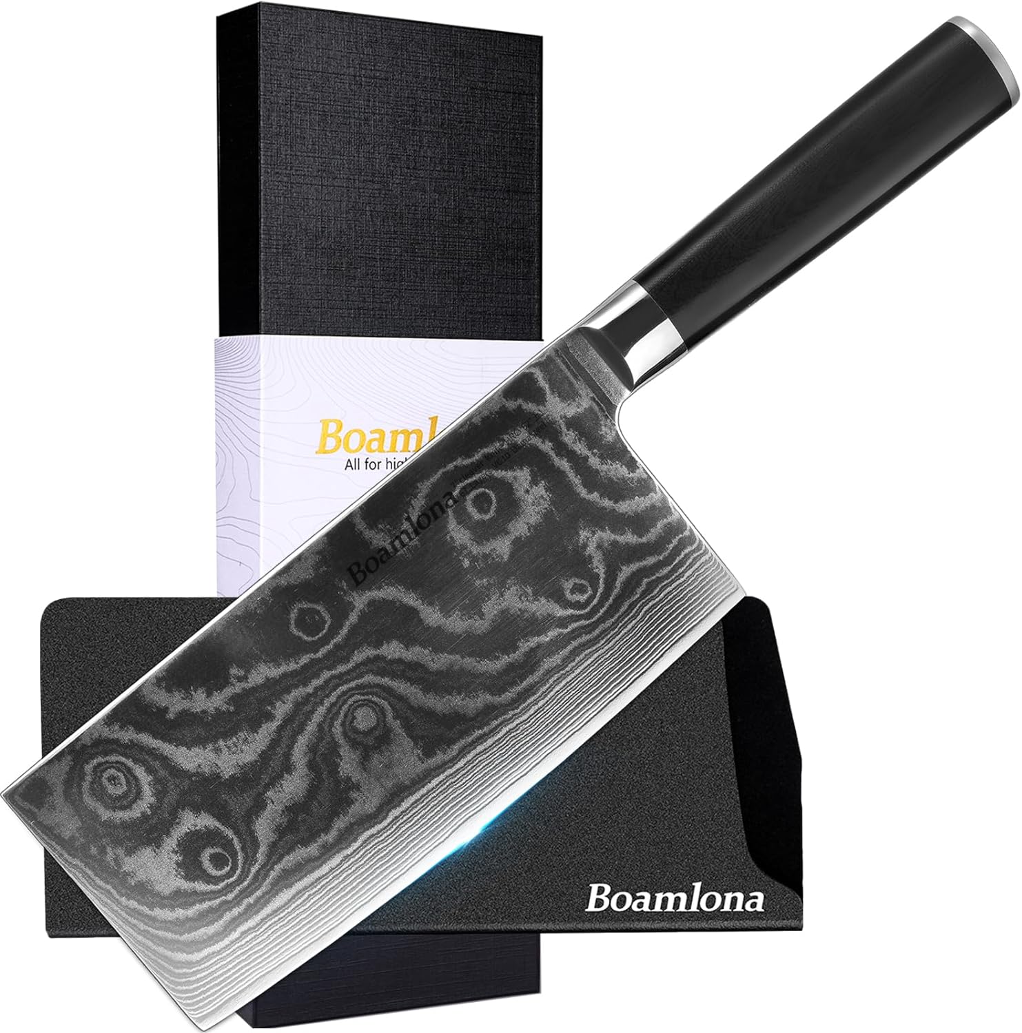 BOAMLONA Cleaver Knife 7-inch Meat Vegetable Knife Japanese VG10 Steel Core Damascus Kitchen Chopping Knife/w Sheath - Ergonomic Full Tang G10 Handle - with Sheath and GiftBox