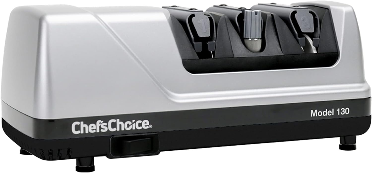 ChefsChoice 130 Professional Electric Knife Sharpening Station for 20-Degree Straight and Serrated Knives Diamond Abrasives and Precision Angle Guides, 3-Stage, Silver