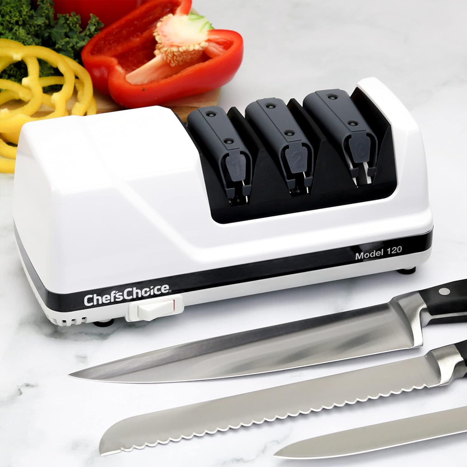 ChefsChoice Hone EdgeSelect Professional Electric Knife Sharpener for 20-Degree Edges Diamond Abrasives Precision Guides for, Straight and Serrated Knives Made in USA, 3-Stage, White